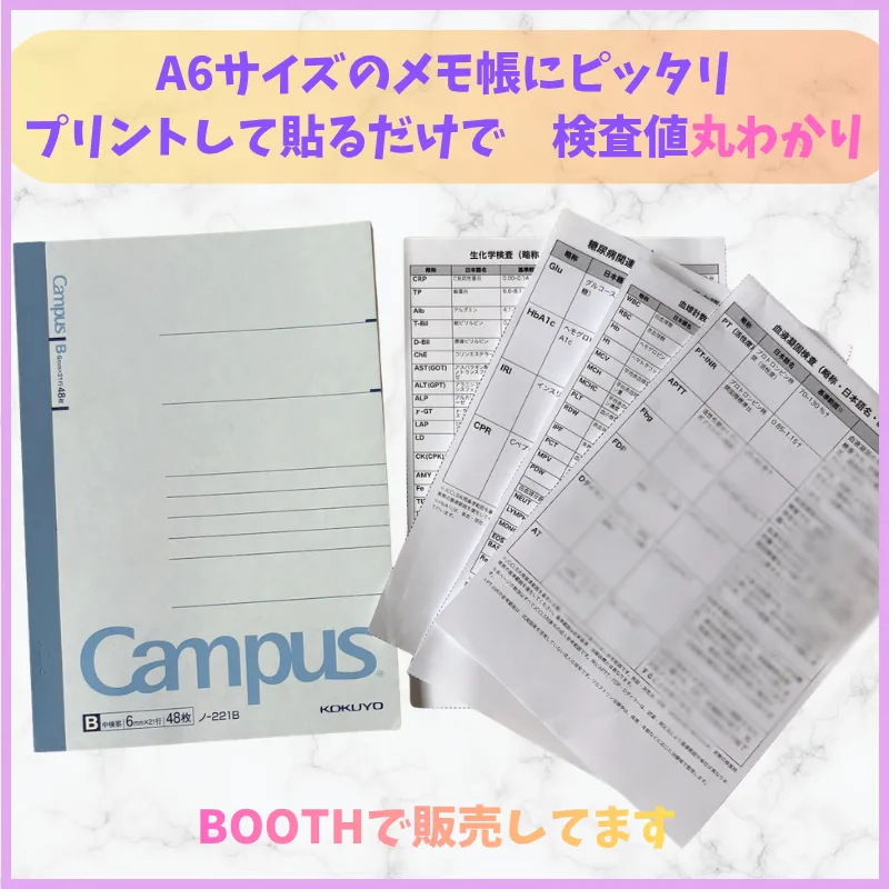 自作した検査データカード4枚と、貼り付け用のA6メモ帳(Campus)。実習の情報収集に使っていた便利帳の完成イメージ